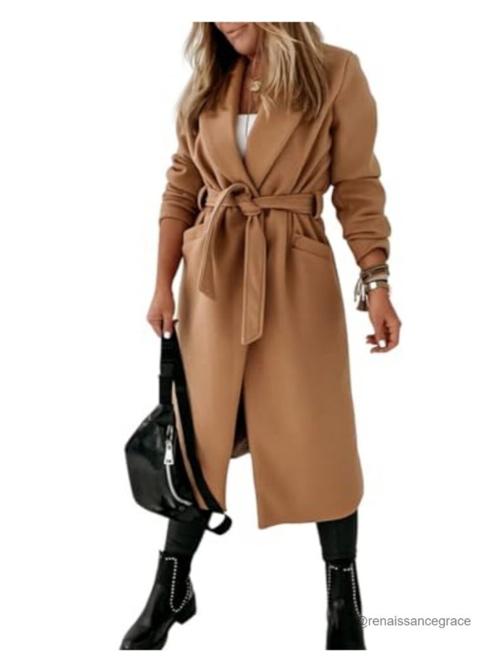Womens Pea Coat Open Front Tie Belt Long Sleeve Wool Blend Outerwear - Picture 2 of 6